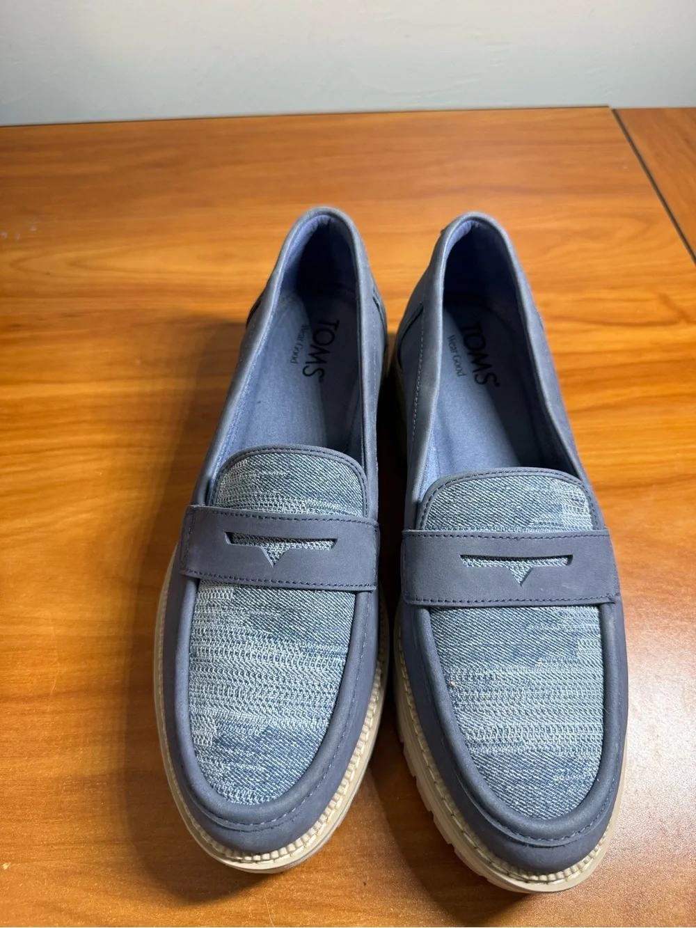 Toms Cara Platform Chunky Lug Sole Loafer Blue Denim Fabric Academia Casual W9